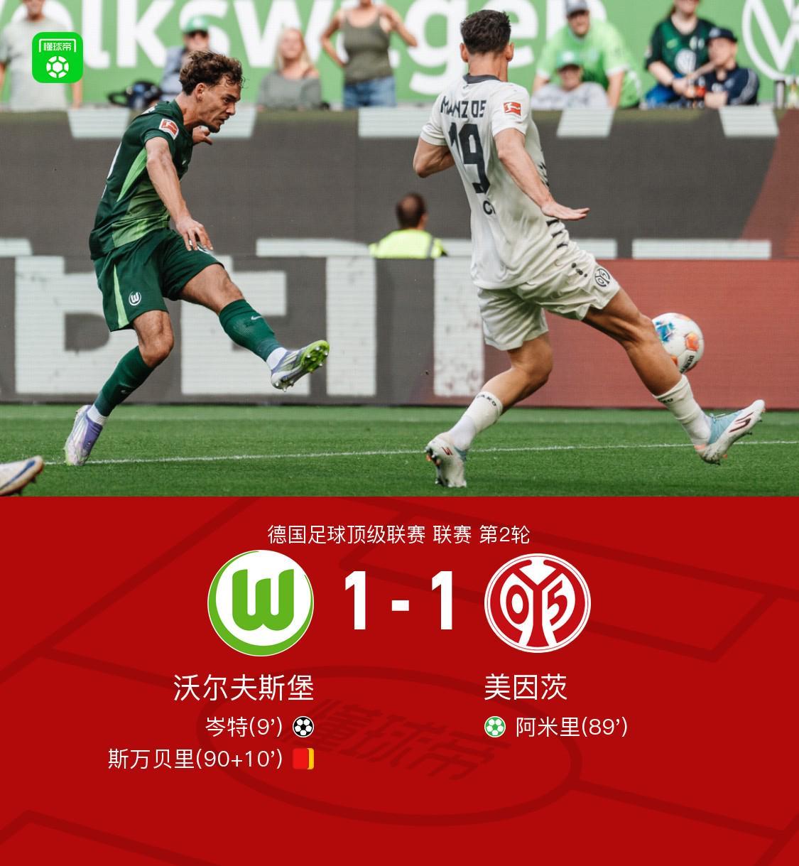 BSPORTS-沃尔夫斯堡1-1美因茨，岑特先拔头筹，阿米里扳平比分